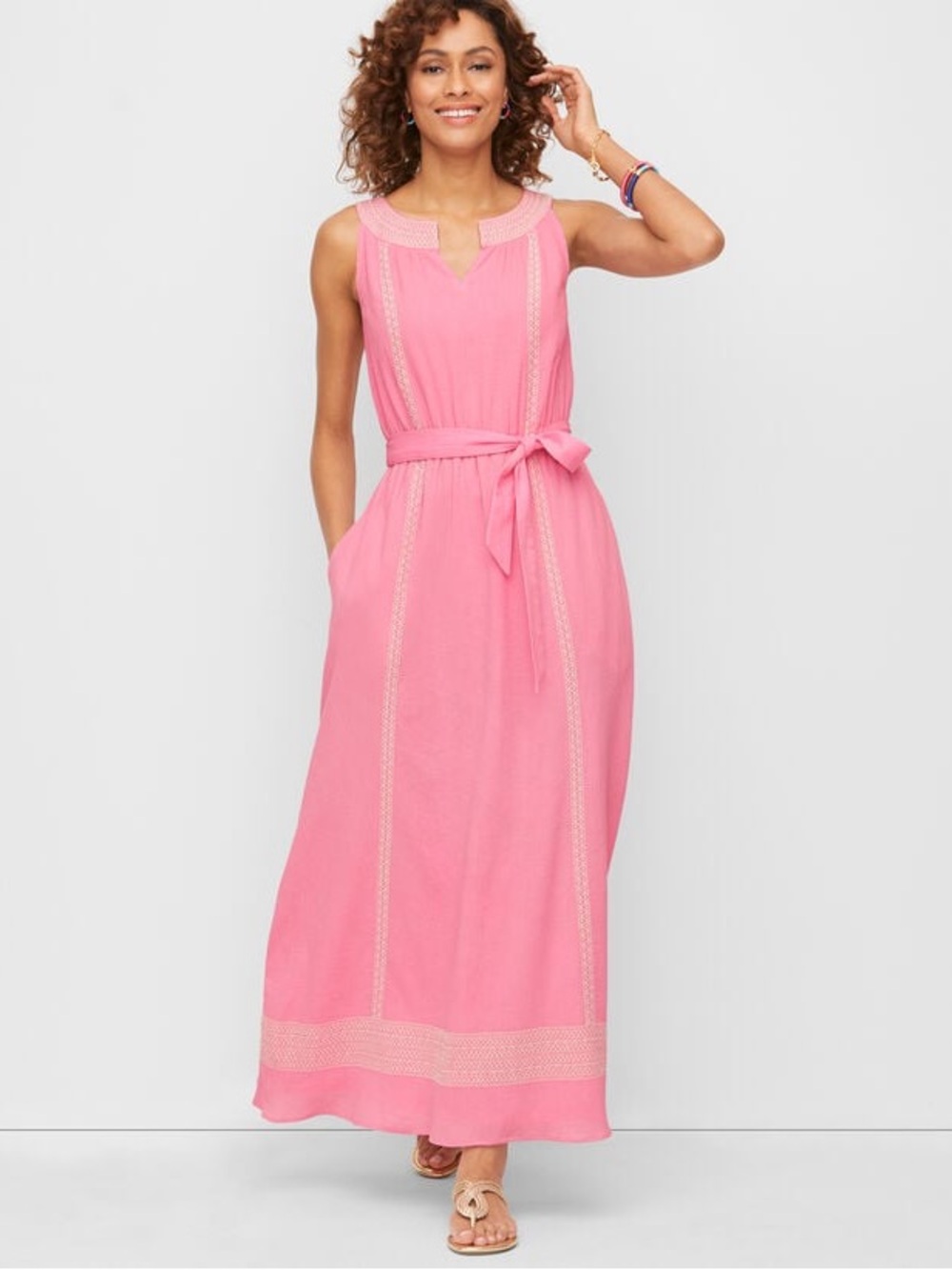 NWT Talbots Embroidered Gauze Belted Maxi Dress in Pink Size 6